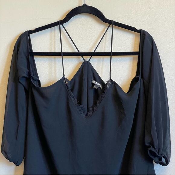 Express M black cold shoulder blouse spaghetti straps cut out - Picture 2 of 7